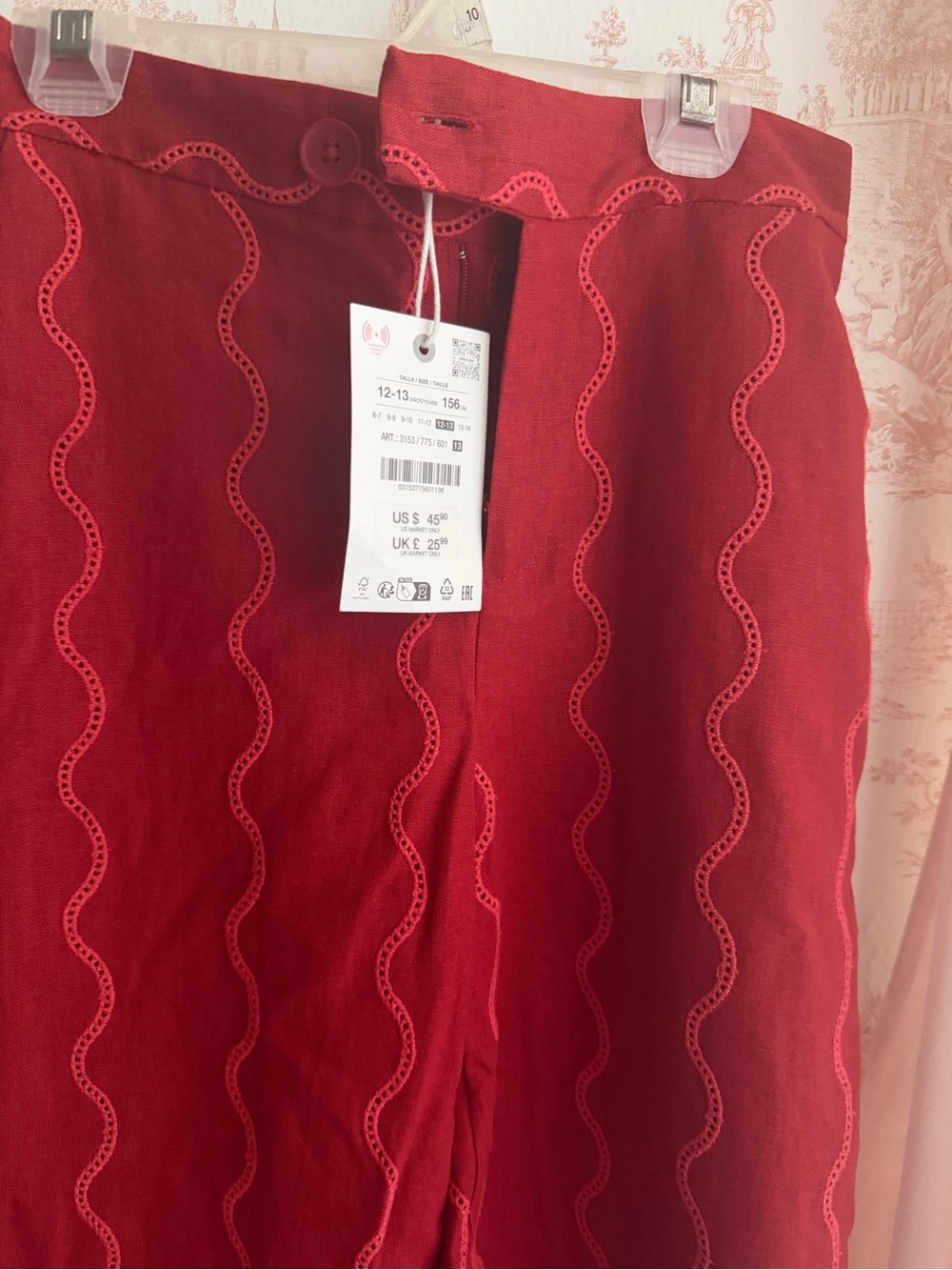 Zara Red Wavy Eyelet Trim Pants. Size 12-13 girls
